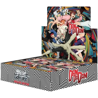 The weiss schwarz dandadan english booster box 1st edition features a vibrant anime illustration with red and black lettering