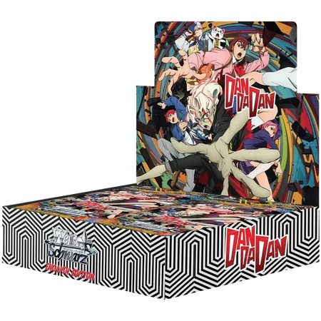 The weiss schwarz dandadan english booster box 1st edition features a vibrant anime illustration with red and black lettering