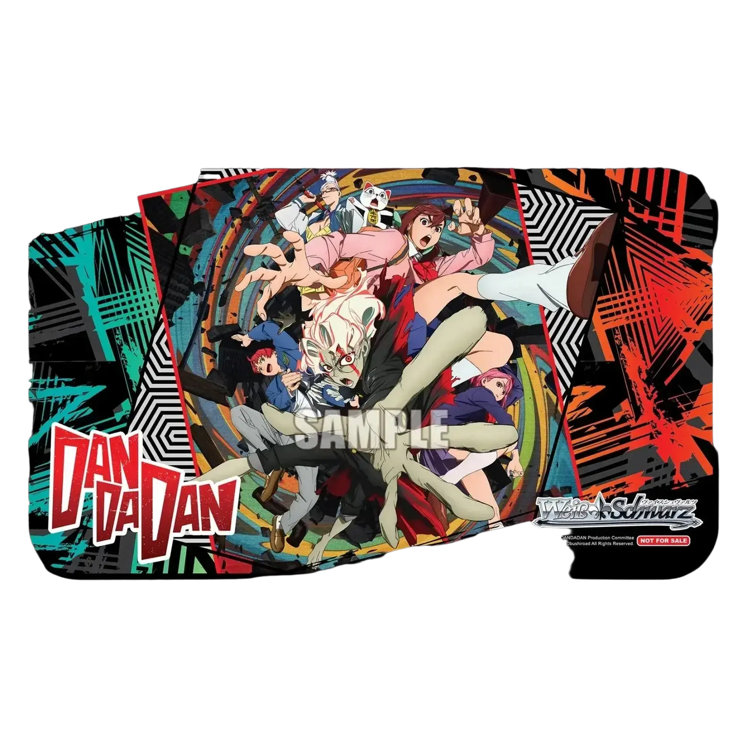 Vibrant anime-themed playmat with dynamic characters and bold red teal black design for weiss schwarz dandadan english booster box 1st edition