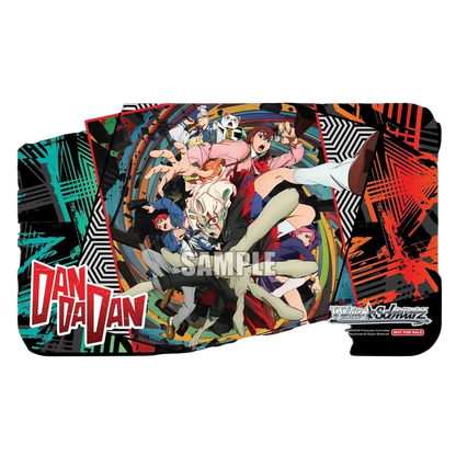Vibrant anime-themed playmat with dynamic characters and bold red teal black design for weiss schwarz dandadan english booster box 1st edition