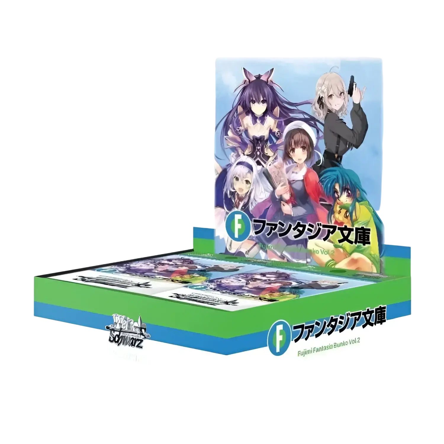 Green and blue display box for weiss schwarz fujimi fantasia bunko vol 2 trading cards with anime artwork and foil cards