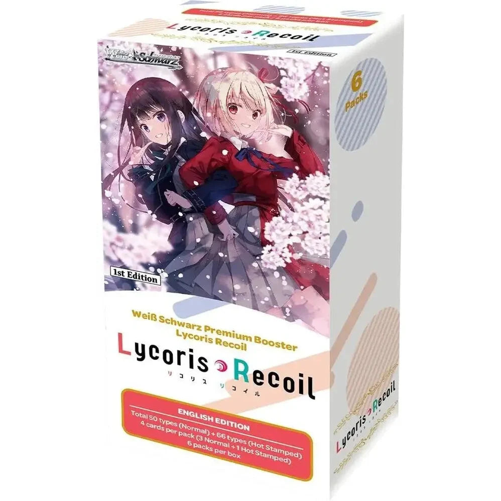 A premium booster box for the ’Weiss Schwarz’ card game, featuring ’Lycoris Recoil’ characters, with 6 packs per box and a mix of normal and hot-stamped cards.