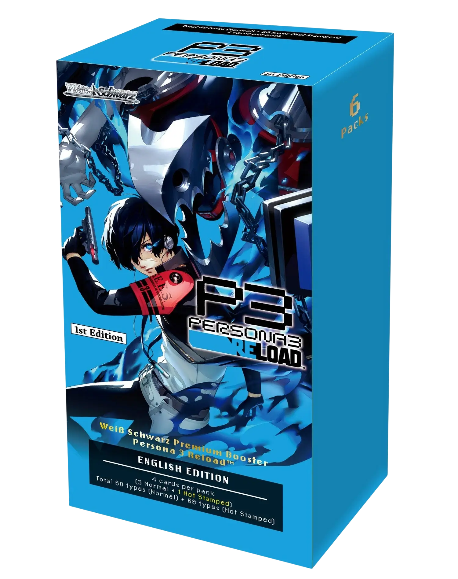 Blue cardboard box featuring an anime character illustration and text indicating it contains a ’persona 3 reload’ trading card game booster pack.