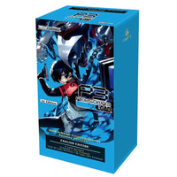 Blue cardboard box featuring an anime character illustration and text indicating it contains a ’persona 3 reload’ trading card game booster pack.