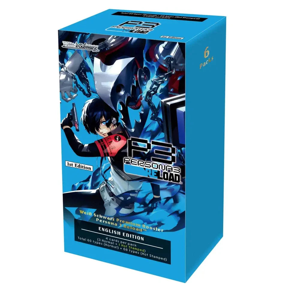 Blue cardboard box featuring an anime character illustration and text indicating it contains a ’persona 3 reload’ trading card game booster pack.