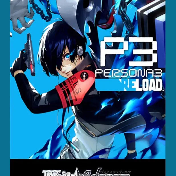 The cover art for the video game persona 3 reload features a stylized anime character with dark hair and blue eyes, wearing a black outfit accented by red details on her arm.