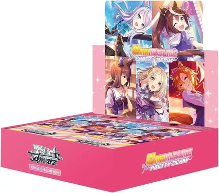 Pink cardboard display box for weiss schwarz umamusume pretty derby foil cards featuring fujimi fantasia bunko anime art