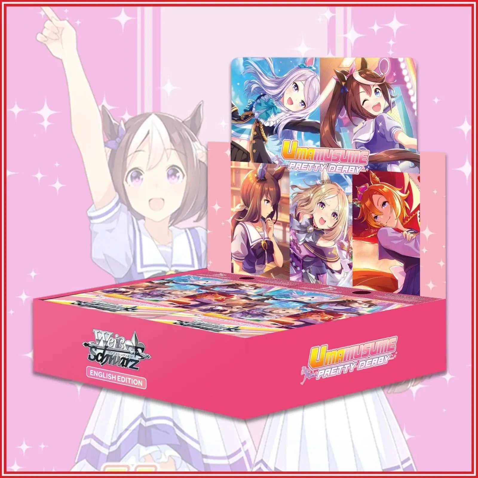 Pink cardboard box of weiss schwarz umamusume pretty derby booster display featuring foil cards and fujimi fantasia bunko branding