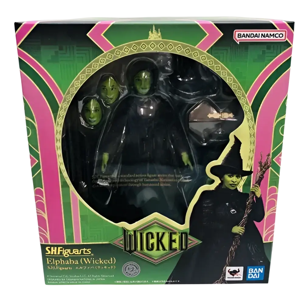 Black elphaba wicked s h figuarts action figure in green and pink box with interchangeable faces inspired by mushroom kingdom