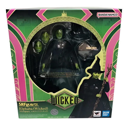 Black elphaba wicked s h figuarts action figure in green and pink box with interchangeable faces inspired by mushroom kingdom
