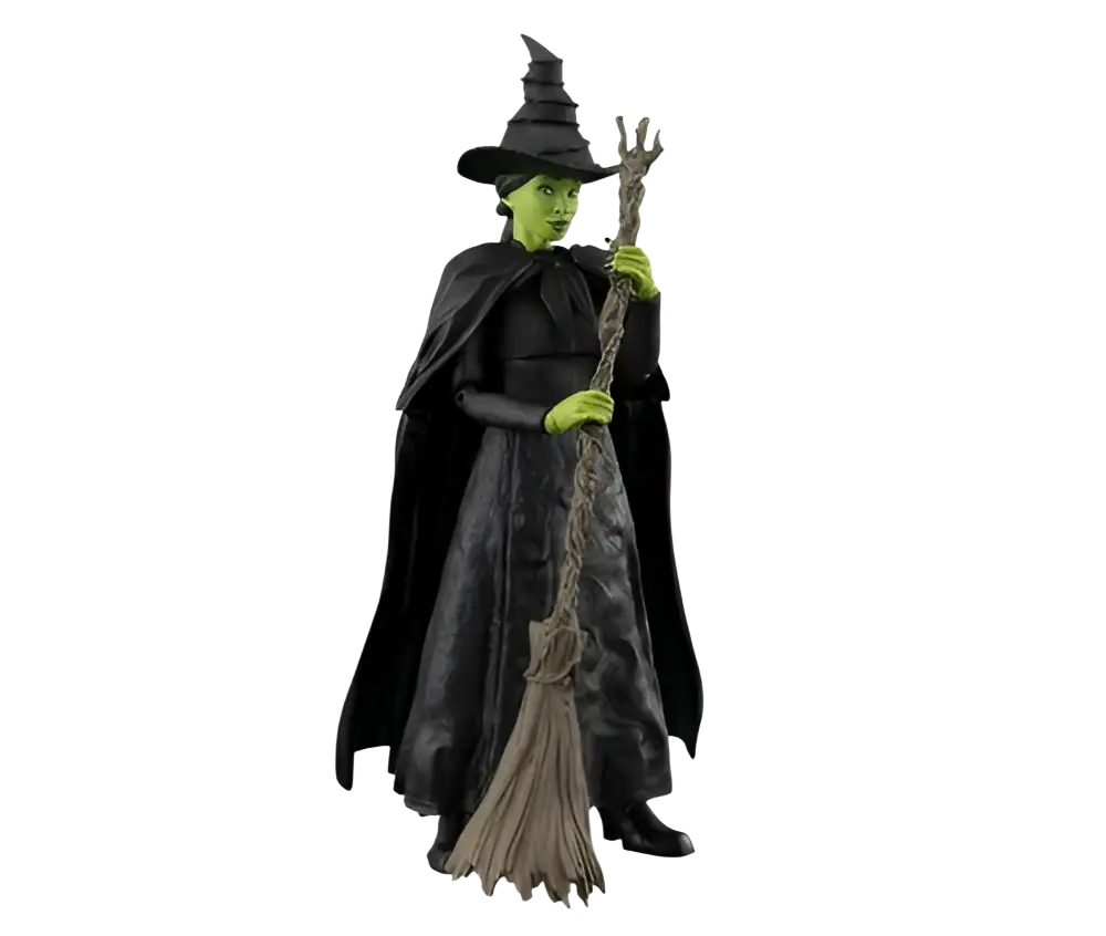 Black witch figurine with green skin wearing a pointed hat and cape holding a broomstick from wicked elphaba shfiguarts action figure