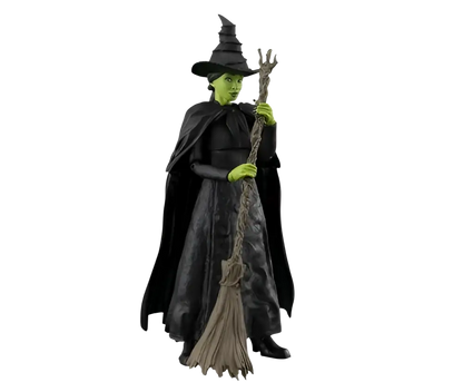 Black witch figurine with green skin wearing a pointed hat and cape holding a broomstick from wicked elphaba shfiguarts action figure