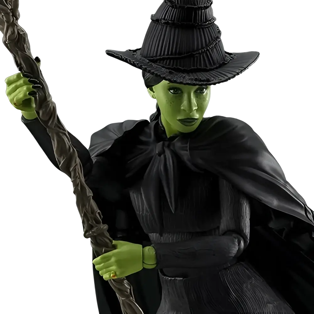Wicked elphaba s.h.figuarts action figure with green skin black textured hat cape and twisted staff inspired by mushroom kingdom themes