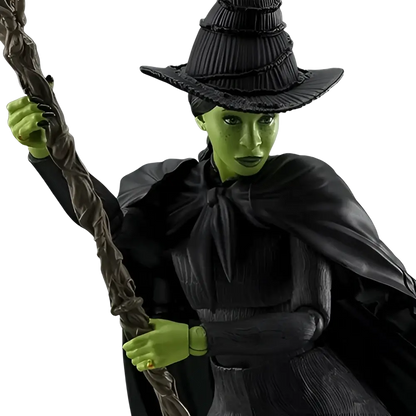 Wicked elphaba s.h.figuarts action figure with green skin black textured hat cape and twisted staff inspired by mushroom kingdom themes