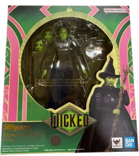 Wicked elphaba s.h.figuarts action figure in green cloak and hat from the wicked movie, ideal for mushroom kingdom fans