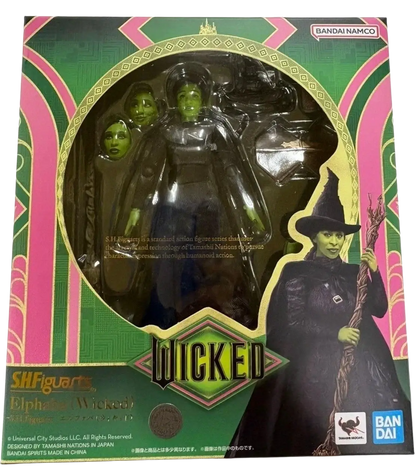 Wicked elphaba s.h.figuarts action figure in green cloak and hat from the wicked movie, ideal for mushroom kingdom fans