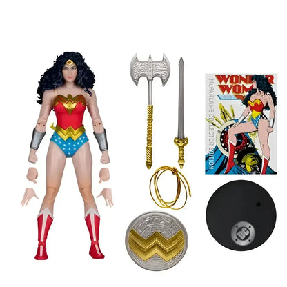 Wonder Woman 1980s #61 7-inch scale action figure by McFarlane toys in classic red blue gold costume with silver arm guards