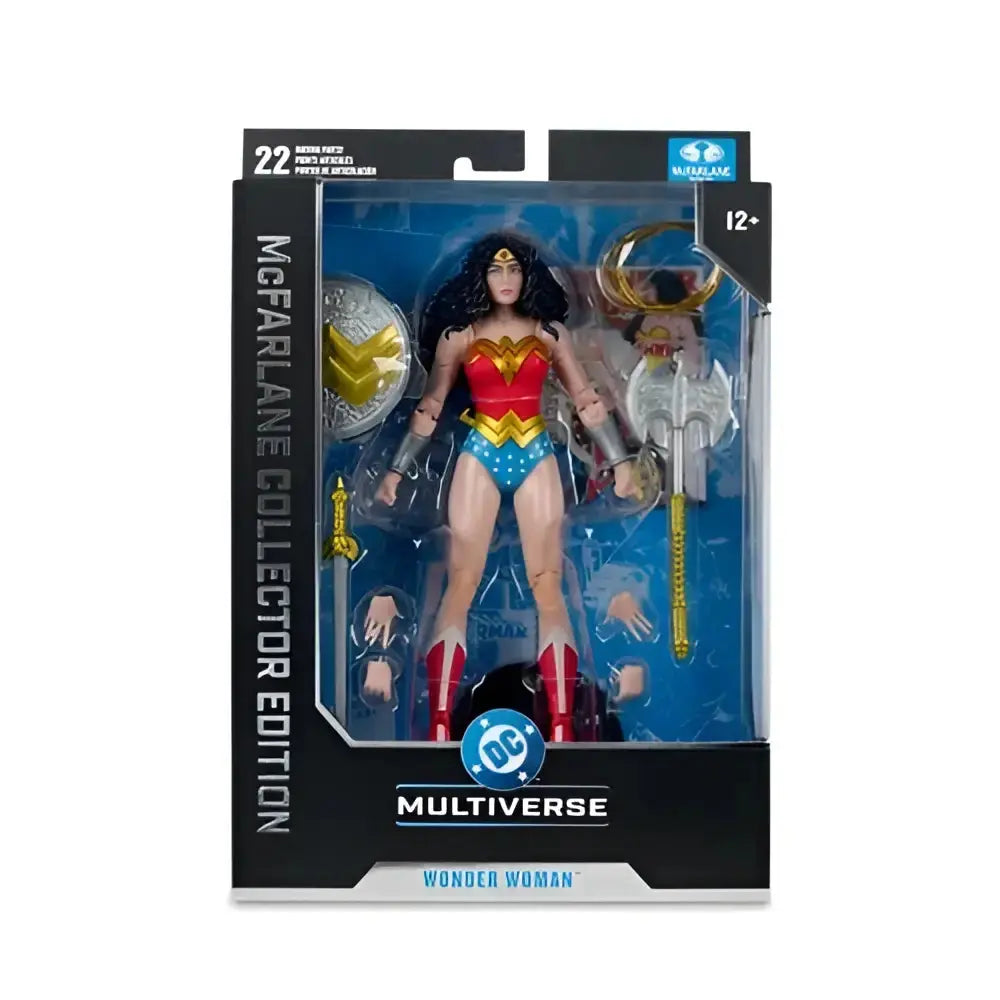 Wonder woman 1980s 7-inch scale action figure by Mcfarlane toys in red gold and blue detailed armor and accessories