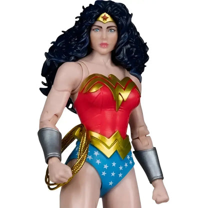 Wonder woman 1980s 7-inch scale action figure by mcfarlane toys with red and blue costume gold accents and silver arm guards
