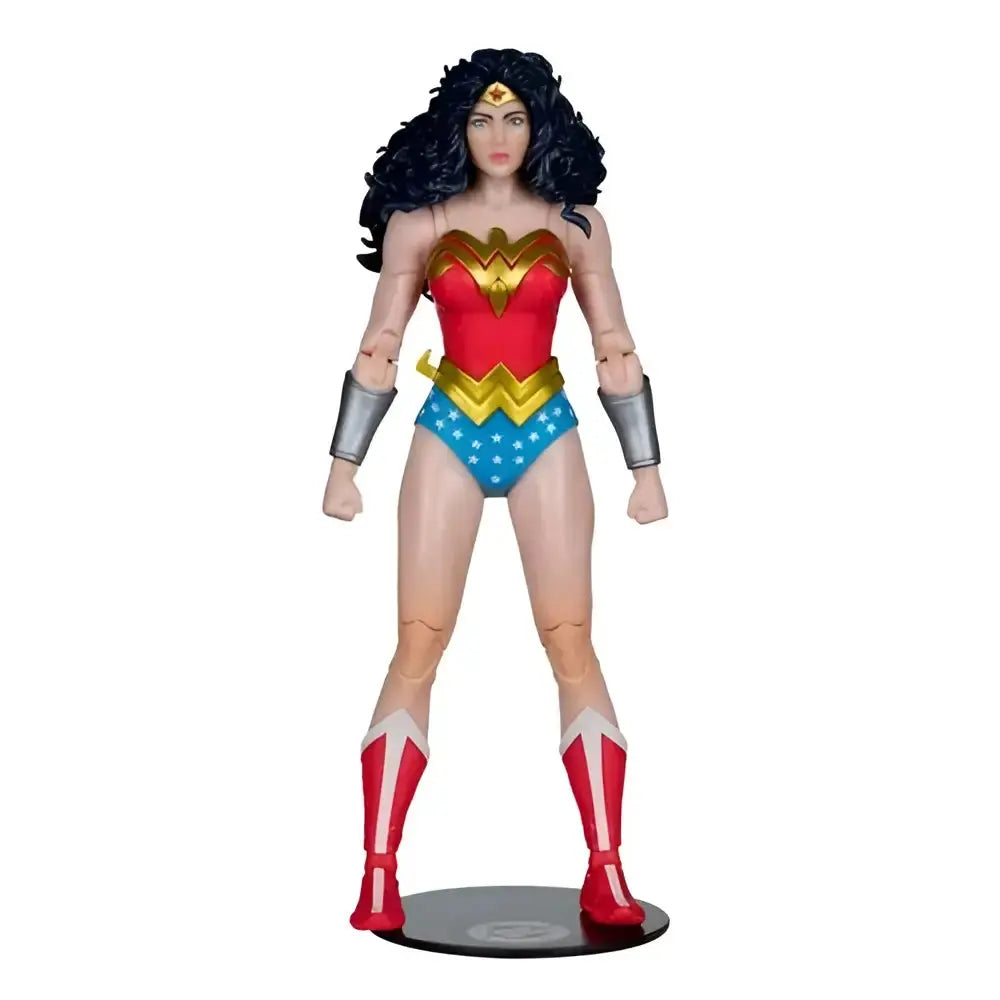 Wonder woman 1980s 7-inch scale action figure by mcfarlane toys featuring red gold blue costume with stars and silver arm guards