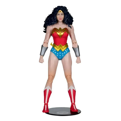 Wonder woman 1980s 7-inch scale action figure by mcfarlane toys featuring red gold blue costume with stars and silver arm guards