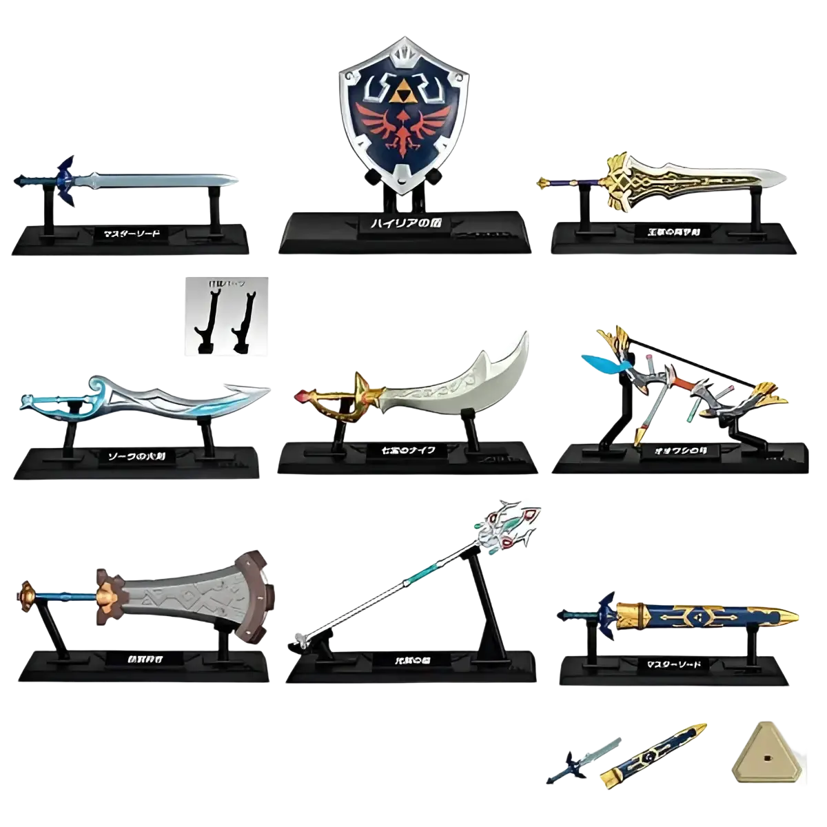 The zelda weapon collection blind box mini features detailed metallic and plastic replica weapons by bandai shokugan japan