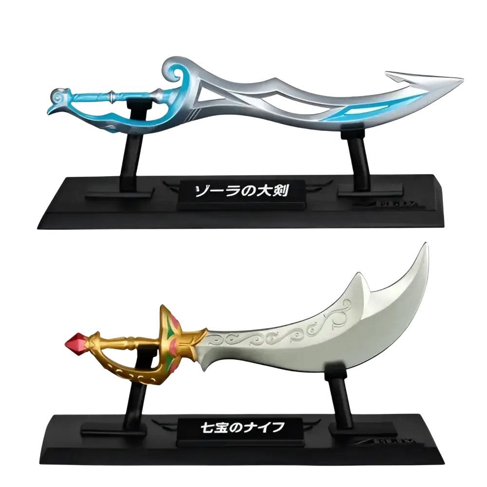 Silver and blue sword with ornate handle on black stand from bandai shokugan japan zelda weapon collection blind box mini