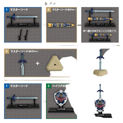 Blue and gold master sword figurine with detailed hilt on black stand from bandai shokugan japan zelda weapon collection blind box mini