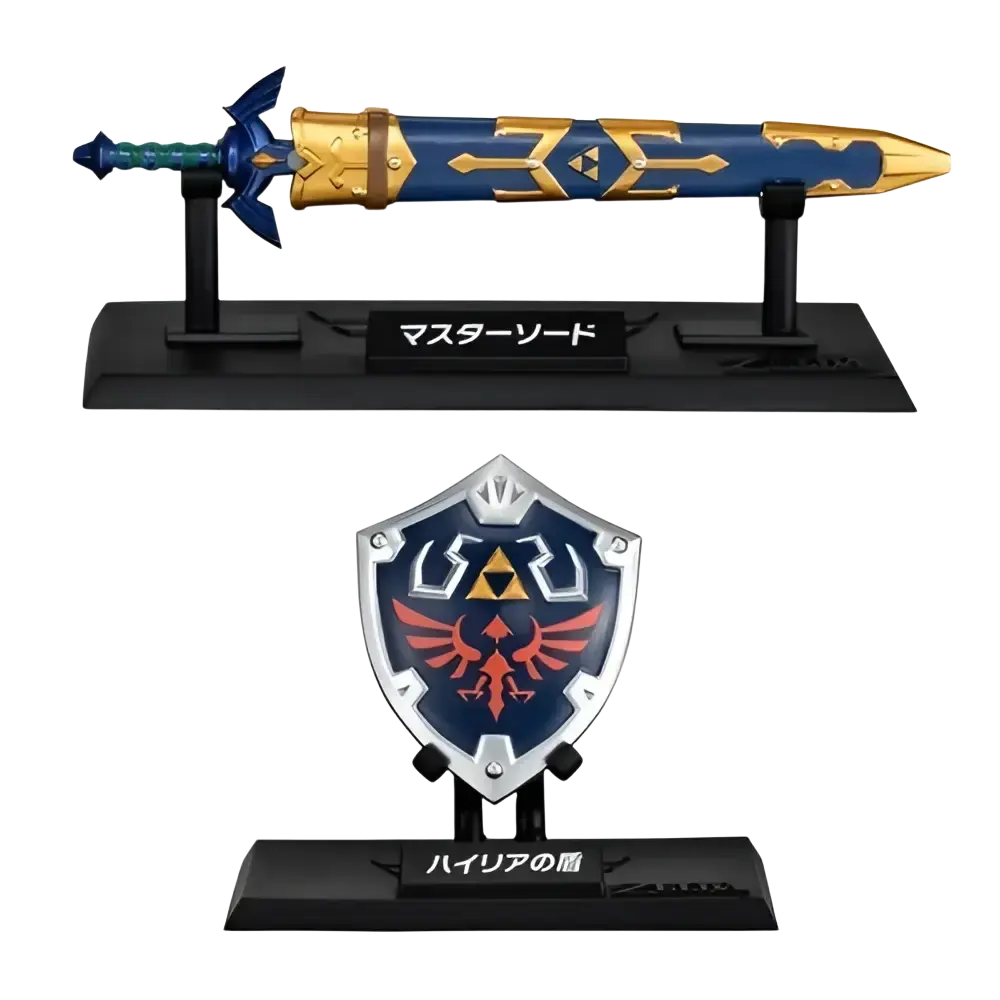 Blue and gold master sword with golden trident patterns and silver-edged hylian shield from bandai shokugan japan zelda weapon collection blind box mini