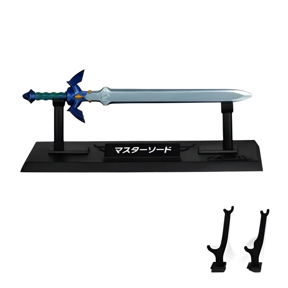 Blue and silver master sword figurine with detailed hilt on black stand from zelda weapon collection blind box mini by bandai shokugan japan