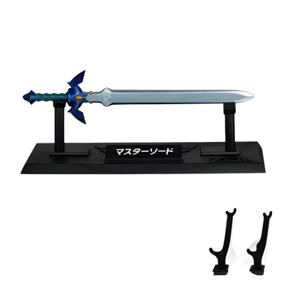 Blue and silver master sword figurine with detailed hilt on black stand from zelda weapon collection blind box mini by bandai shokugan japan