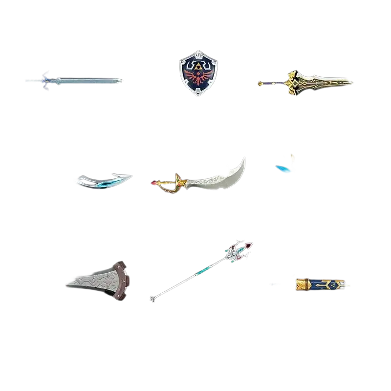A zelda weapon collection blind box mini figure by bandai shokugan japan featuring nine metallic and plastic replica weapons