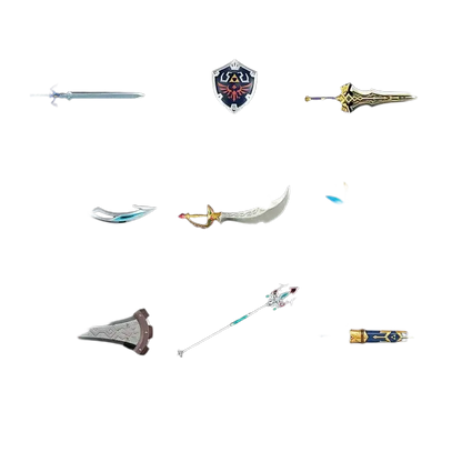 A zelda weapon collection blind box mini figure by bandai shokugan japan featuring nine metallic and plastic replica weapons
