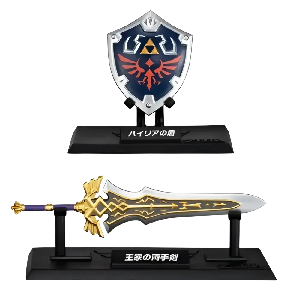The shield is a metallic blue and silver hylian shield replica from the zelda weapon collection blind box mini by bandai shokugan japan
