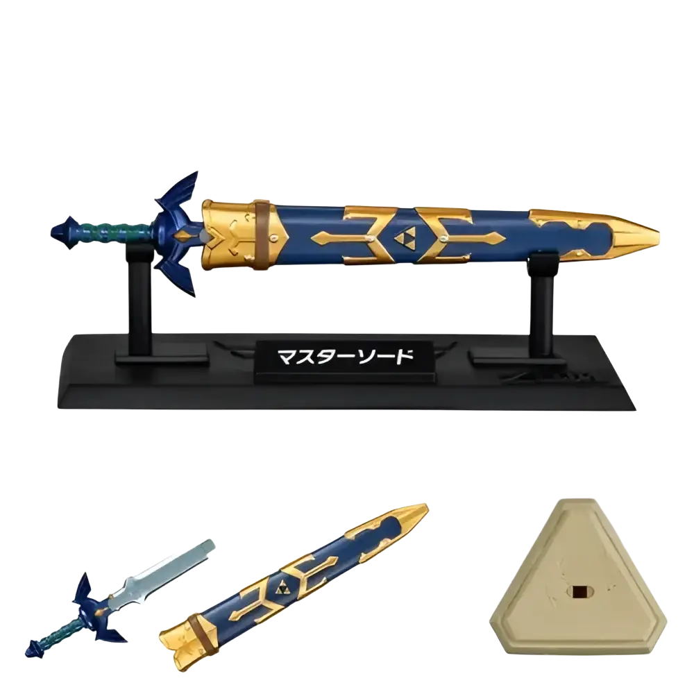 Blue and gold master sword figurine with intricate golden patterns on blade displayed on black stand from bandai shokugan japan zelda weapon collection blind box mini