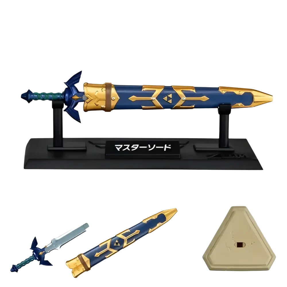 Blue and gold master sword figurine with intricate golden patterns on blade displayed on black stand from bandai shokugan japan zelda weapon collection blind box mini