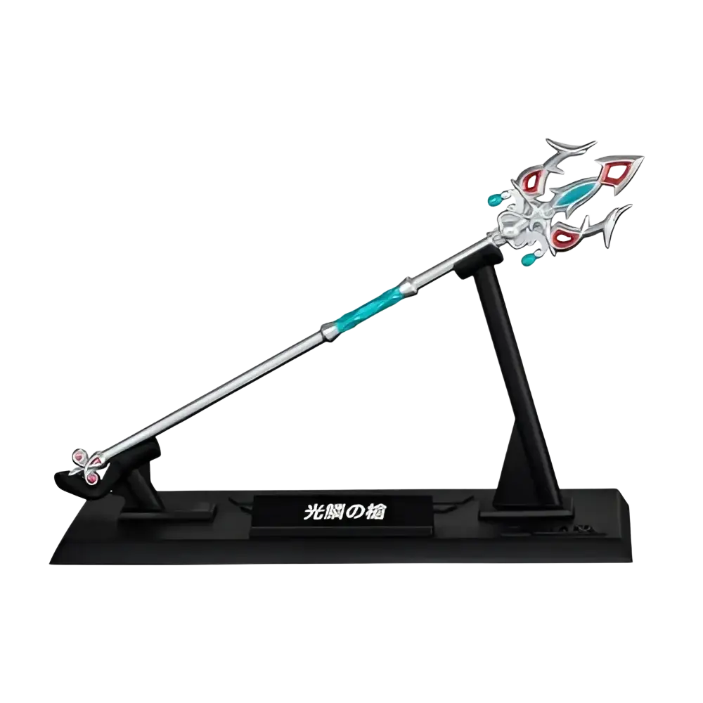Silver and teal intricately designed zelda weapon collection blind box mini figure with red accents on black stand by bandai shokugan japan