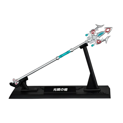 Silver and teal intricately designed zelda weapon collection blind box mini figure with red accents on black stand by bandai shokugan japan
