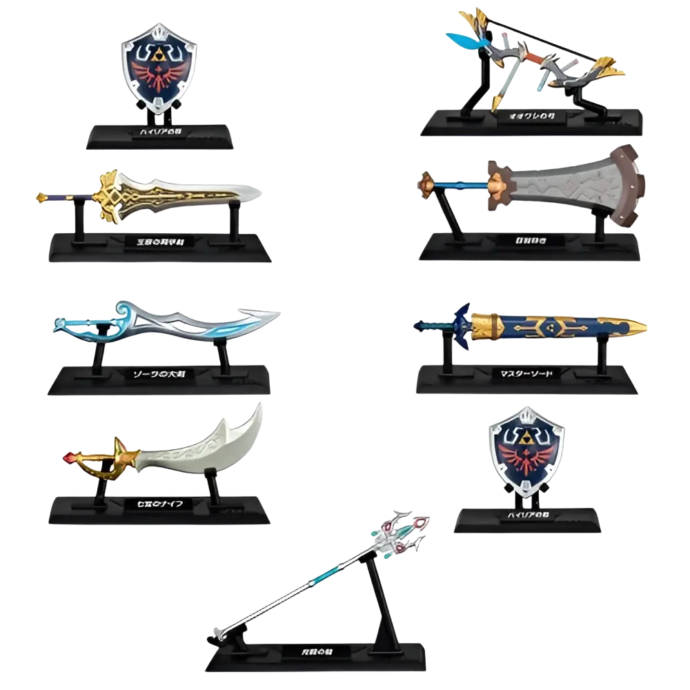 Set of eight collectible zelda weapon collection blind box mini figures by bandai shokugan japan featuring swords and shields