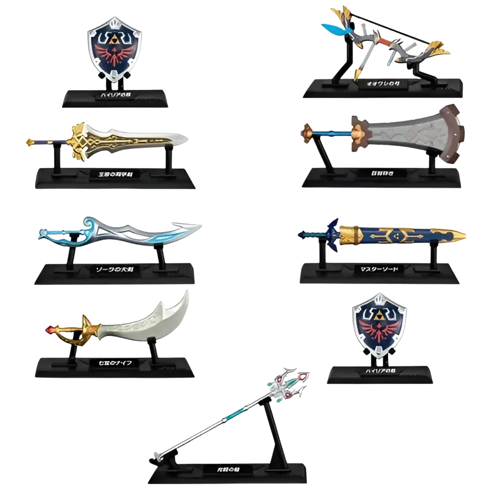 Set of eight collectible zelda weapon collection blind box mini figures by bandai shokugan japan featuring swords and shields