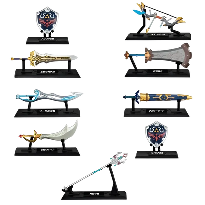 Set of eight collectible zelda weapon collection blind box mini figures by bandai shokugan japan featuring swords and shields