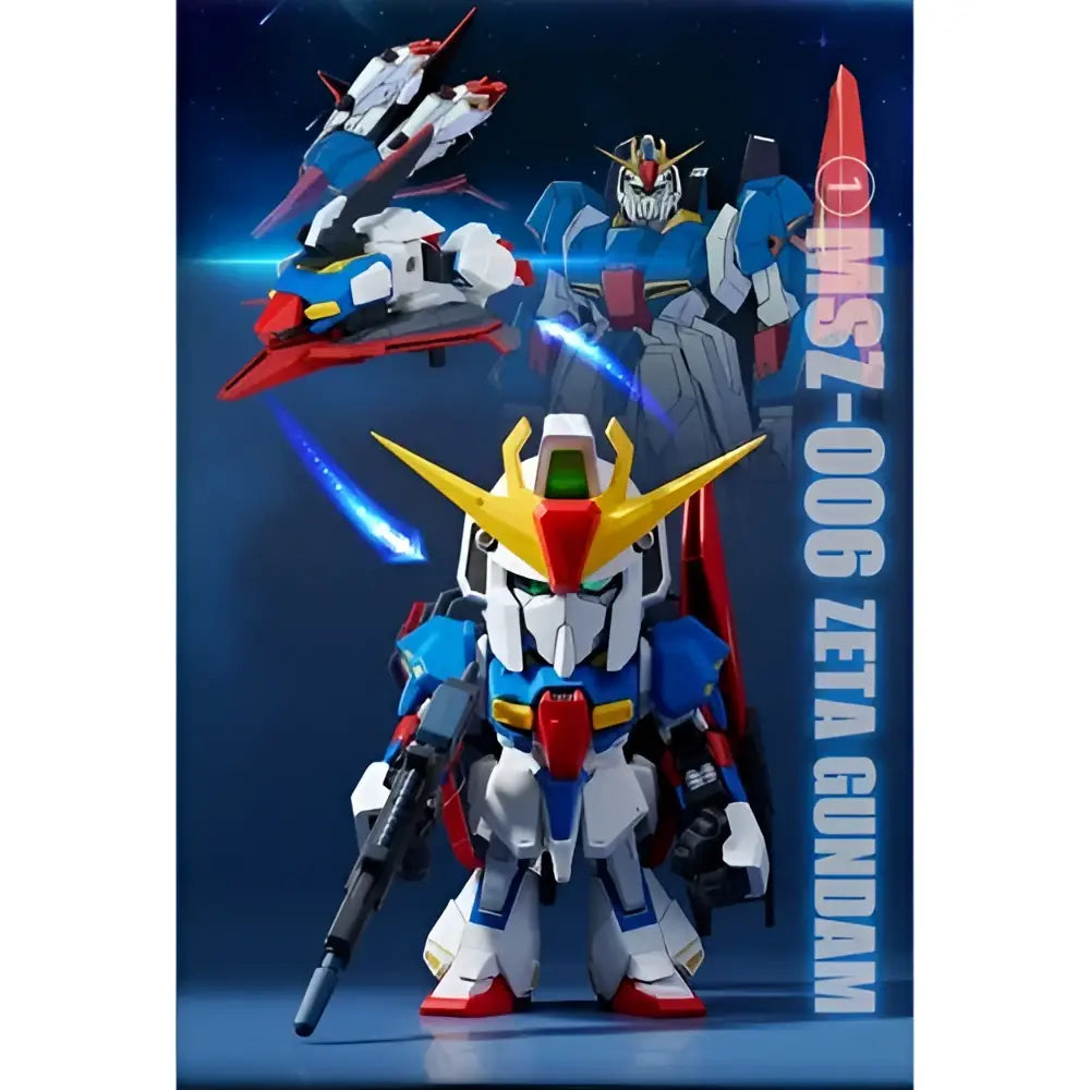 Blue white and red plastic model of msz-006 zeta gundam with yellow wing headgear from bandai qmsv mini gundam blind box