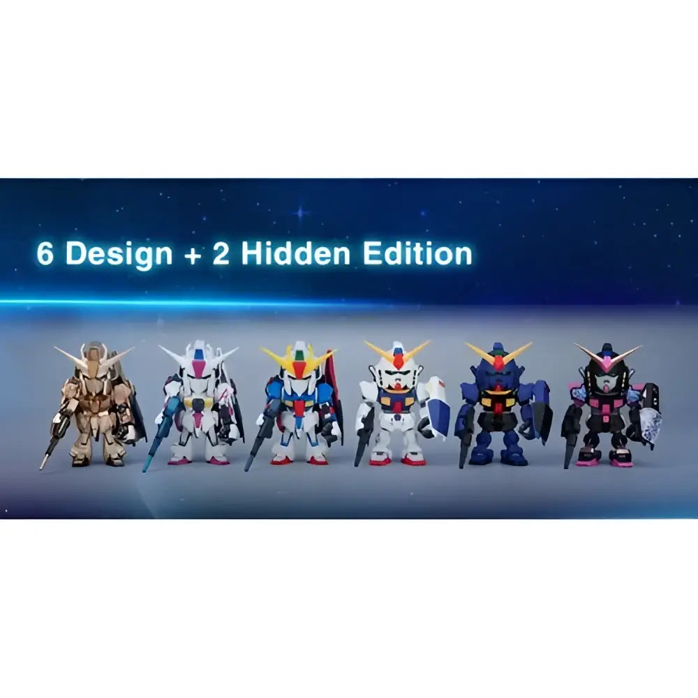 Six bandai qmsv mini gundam blind box figures including a gold team hidden edition with varied designs and colors