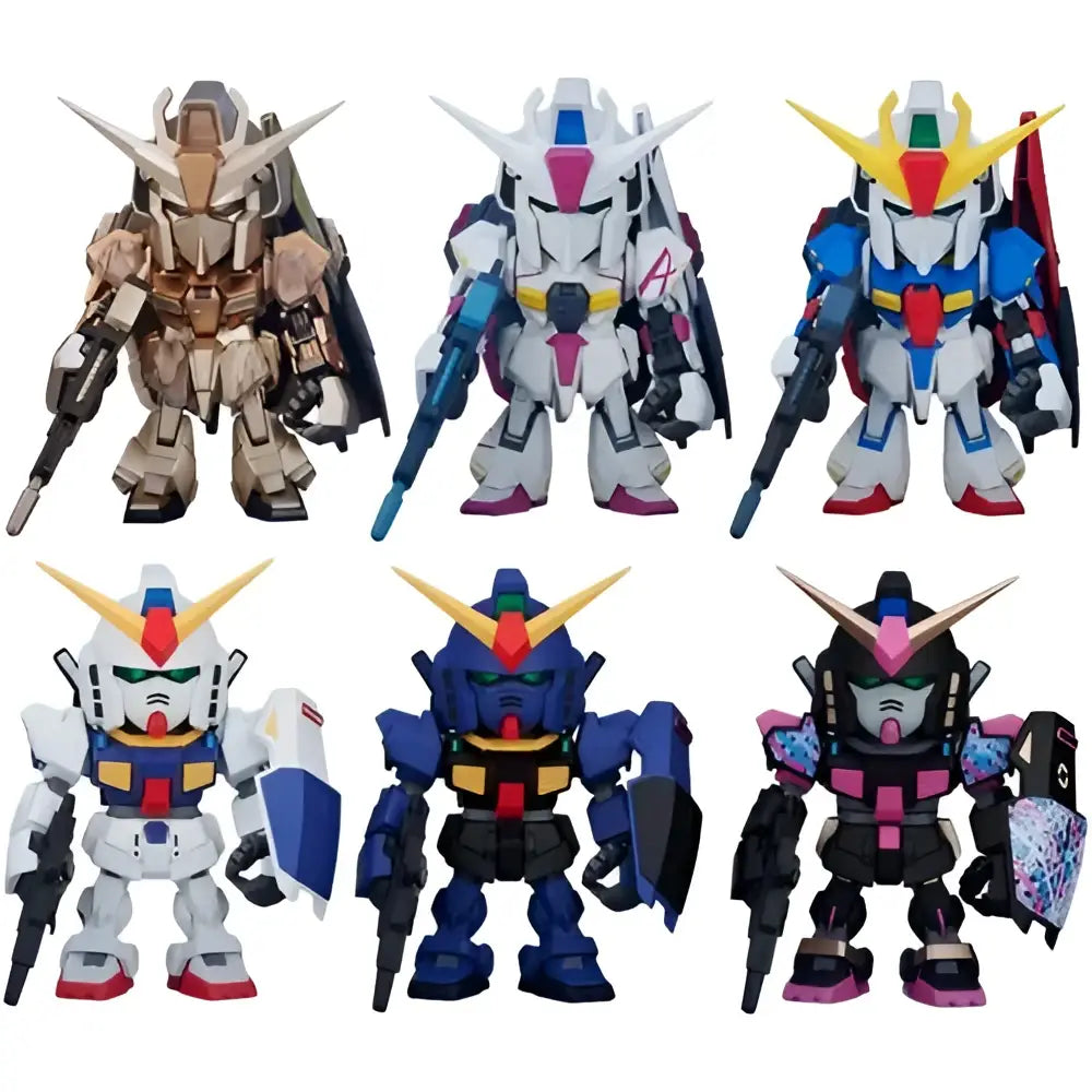 Six colorful plastic bandai qmsv mini gundam blind box figurines in various detailed poses and designs gold team edition