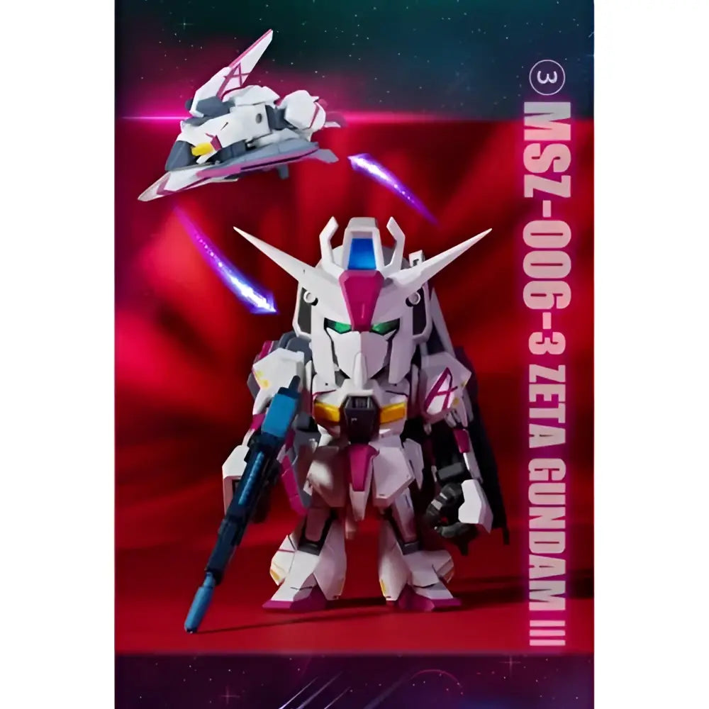 White and pink msz-006 3-zeta gundam iii plastic model with blue weapon and green eyes from bandai qmsv mini gundam blind box