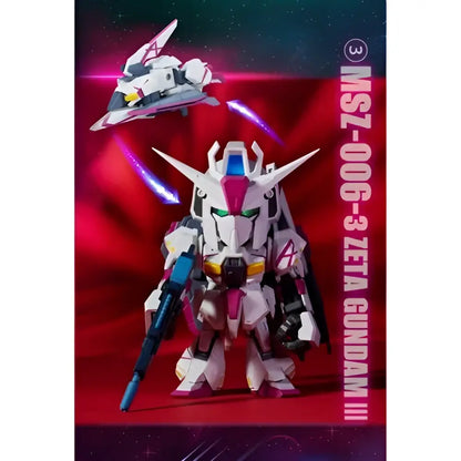 White and pink msz-006 3-zeta gundam iii plastic model with blue weapon and green eyes from bandai qmsv mini gundam blind box